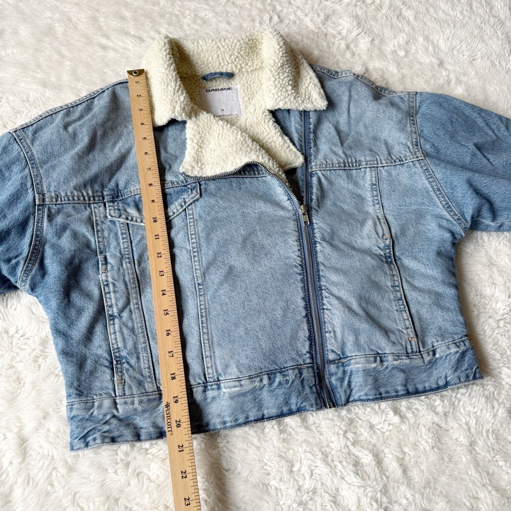 Garage Woman Blue Denim Sherpa Aviator Crop Jean Jacket MEDIUM Boho Country Folk - Picture 7 of 9